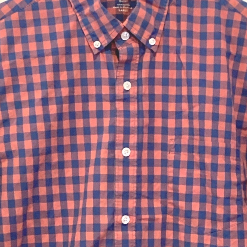 J.Crew Mens Large Gingham Button Down Lightweight‎ Cotton Shirt Blue Coral Pink